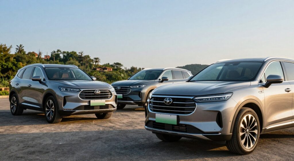 A dynamic scene showcasing a collection of top-rated SUVs parked in an attractive outdoor setting, emphasizing their sleek designs and robust builds. In the foreground, a modern SUV with a glossy finish catches the light, reflecting the sun’s rays. In the middle ground, two additional SUVs highlight different styles and colors, demonstrating versatility. The background features a scenic landscape with lush greenery and a clear blue sky, enhancing the vehicles' appeal. Use soft, warm lighting to evoke a welcoming atmosphere, captured from a low angle to emphasize the SUVs' stature. The image conveys a sense of adventure and reliability, perfect for evaluating vehicles in a modern context.