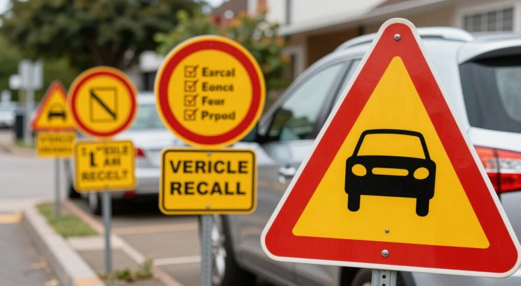 A dynamic scene showcasing a collection of vehicle recall signs in various shapes and sizes, predominantly featuring bold, eye-catching colors like red and yellow. In the foreground, a large, triangular warning sign displaying an image of a car with an exclamation mark is juxtaposed against a smaller, circular sign indicating recalls with a checklist graphic. In the middle ground, multiple signs are arranged near a parked car, with a visual emphasis on clarity and details for safety. The background features a blurred street setting, hinting at a suburban environment. Soft, natural daylight filters through, casting gentle shadows and enhancing the warning signs' visibility. The atmosphere conveys a sense of urgency and importance about vehicle safety and awareness.