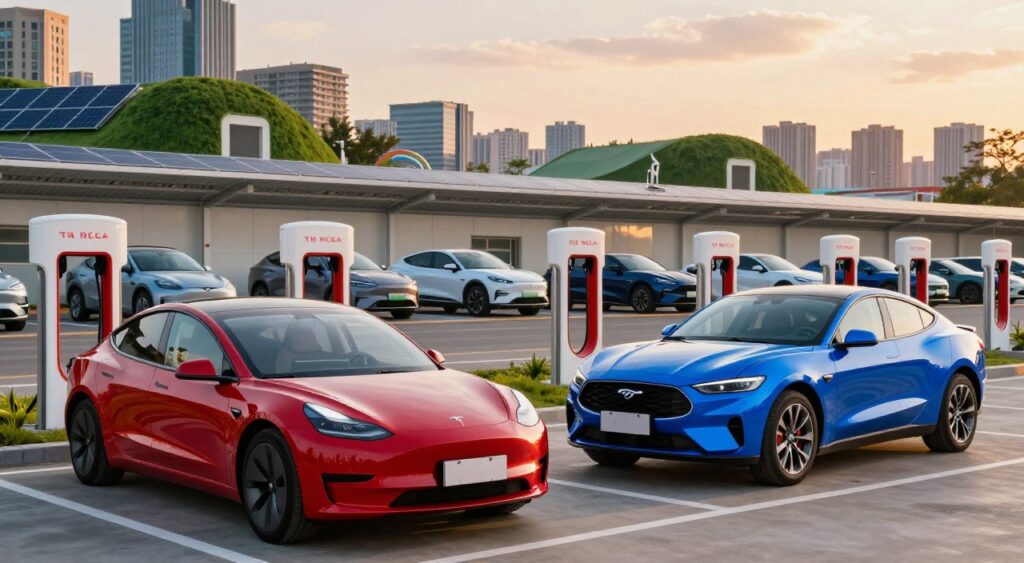 A dynamic scene showcasing popular electric vehicle models in a modern urban environment. In the foreground, a sleek Tesla Model 3 in a glossy red finish and a stylish Ford Mustang Mach-E in a bold blue color stand side by side. The middle layer features a futuristic charging station, with several electric cars plugged in, highlighting advancements in EV technology. In the background, a vibrant skyline with sustainability-themed architecture, such as green-roofed buildings and solar panels, underscores the eco-friendly movement. Soft, natural lighting bathes the scene during golden hour, creating a warm and inviting atmosphere. The angle is slightly low, emphasizing the vehicles against a picturesque sunset, conveying a sense of innovation and optimism for the future of transportation.