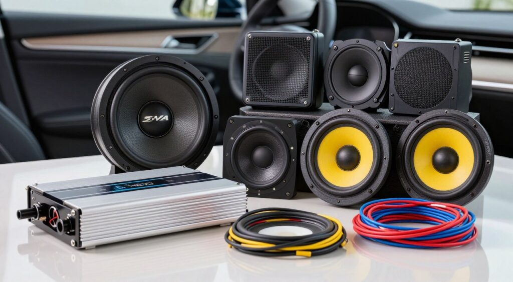 A dynamic showcase of car audio accessories designed to enhance a vehicle's sound system. In the foreground, feature high-quality components like a sleek amplifier, vibrant speaker cones, and colorful wiring harnesses arranged artfully on a polished surface. In the middle ground, include a stylish subwoofer and an assortment of speaker grills, showcasing various designs and textures. The background should display a blurred interior of a modern car, hinting at luxury and sophistication. Use bright, natural lighting to emphasize the metallic finishes and vibrant colors of the accessories, while incorporating a shallow depth of field for a professional look. The atmosphere is energetic yet sleek, appealing to car audio enthusiasts.