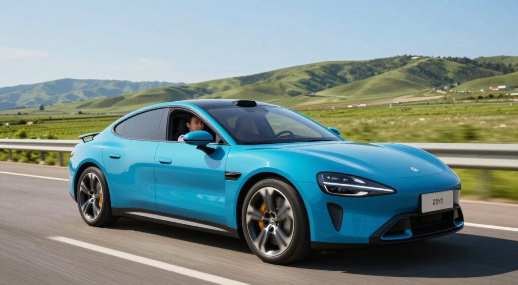 A dynamic test drive scene featuring a sleek modern vehicle on an open road. In the foreground, a confident driver, dressed in professional business attire, is focused on the road, with a slight smile indicating enjoyment. The middle ground highlights the vehicle, showcasing its streamlined design and bright blue color. In the background, a picturesque landscape of rolling hills and vibrant greenery compliments the clear blue sky, signifying a perfect day for a drive. The lighting is bright and natural, casting soft shadows that enhance the car’s curves. The perspective is from a slightly low angle, emphasizing the car's power and elegance. The mood is one of excitement and discovery, inviting viewers to imagine the thrill of finding their ideal vehicle.