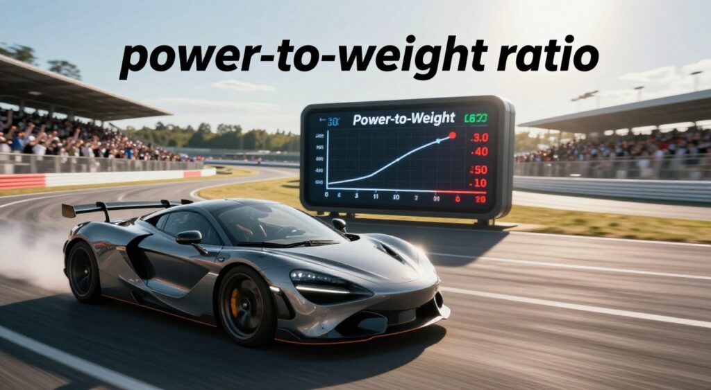 A dynamic, visually striking image illustrating the concept of "power-to-weight ratio" in automotive performance. In the foreground, showcase a sleek, modern sports car with its hood slightly open, emphasizing a powerful engine. In the middle, display a digital gauge showing the power-to-weight ratio prominently, with a scale indicating high performance. In the background, blur a racetrack and cheering crowd under bright, natural sunlight, capturing the excitement of acceleration. Use a wide-angle lens perspective to enhance depth, with sunlight casting dramatic shadows. The mood is energetic and thrilling, suggesting speed and optimization in car performance, without any human figures or text distractions.