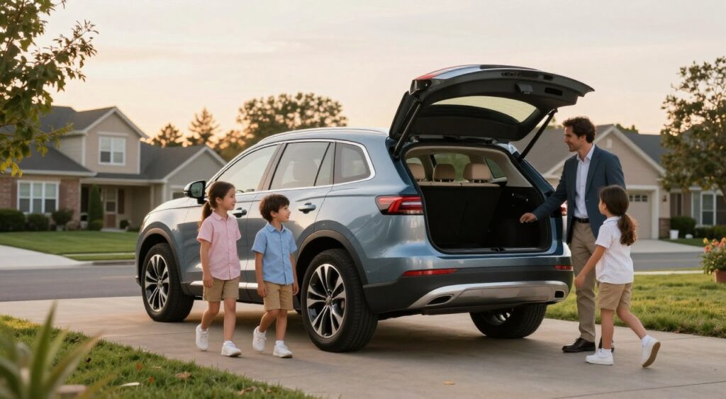A family-friendly SUV parked in a suburban driveway during the golden hour, highlighting its spacious interior and modern design. In the foreground, a smiling family of four—parents in professional business attire and two children in casual clothing—are approaching the SUV, showcasing enthusiasm for their family adventure. The middle layer features the sleek SUV with a shiny exterior, emphasizing its roomy back seats and ample cargo space. In the background, a cozy suburban neighborhood with green lawns and trees adds a warm, inviting atmosphere. The scene captures a sense of togetherness and excitement, with soft, diffused lighting that creates a welcoming mood, shot from a low angle to accentuate the vehicle's impressive stature.