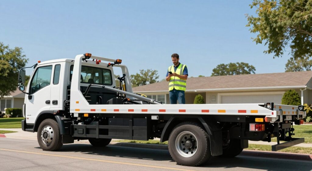 A flatbed towing truck parked on a suburban street, showcasing its sturdy design and hydraulic lift, in the foreground. The middle ground features a modestly-dressed towing professional, wearing a reflective safety vest and holding a smartphone, assessing the situation with a confident yet approachable demeanor. In the background, a clear blue sky and a few trees add a serene feel to the scene. The lighting is bright and natural, suggesting midday, with shadows providing depth. The composition should be shot from a slight angle, emphasizing the truck's functionality and the professional readiness of the towing service, conveying a sense of reliability and efficiency in the towing industry.