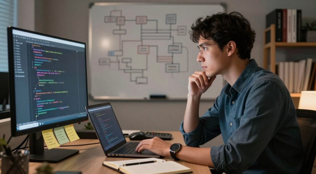 A focused office environment illustrating the concept of code troubleshooting. In the foreground, a professional-looking person in smart casual attire sits at a desk, intently analyzing lines of code on a large monitor, with a thoughtful expression. Tools like a laptop, sticky notes with checklists, and an open notebook are scattered around. The middle ground features a whiteboard filled with flowcharts and problem-solving diagrams. In the background, a dimly lit room with soft, warm lighting and a shelf stocked with programming books adds depth. The atmosphere should convey concentration and determination, highlighting the challenges and solutions in coding with a subtle glow from the screen reflecting on the person’s face. A close-up shot, taken at eye level, captures the essence of collaborative troubleshooting. A focused office environment illustrating the concept of code troubleshooting. In the foreground, a professional-looking person in smart casual attire sits at a desk, intently analyzing lines of code on a large monitor, with a thoughtful expression. Tools like a laptop, sticky notes with checklists, and an open notebook are scattered around. The middle ground features a whiteboard filled with flowcharts and problem-solving diagrams. In the background, a dimly lit room with soft, warm lighting and a shelf stocked with programming books adds depth. The atmosphere should convey concentration and determination, highlighting the challenges and solutions in coding with a subtle glow from the screen reflecting on the person’s face. A close-up shot, taken at eye level, captures the essence of collaborative troubleshooting.