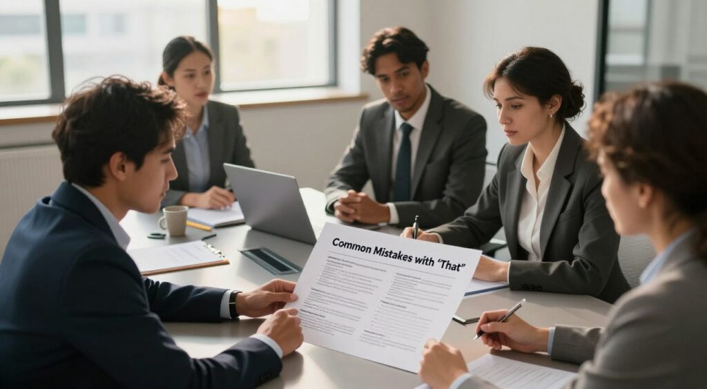 A focused scene depicting a diverse group of four professionals seated around a sleek conference table, examining a large document titled "Common Mistakes with 'That'." Each person, dressed in smart business attire, is intently engaged in discussion. In the foreground, the document highlights key phrases and examples in an organized layout. In the middle, a laptop and stationery create a sense of collaboration. The background features a modern office space with large windows allowing warm, natural light to flood in, casting soft shadows. The angle is slightly above eye level, giving a comprehensive view of the interaction and the content. The overall atmosphere is one of concentration and teamwork, emphasizing the importance of understanding usage nuances.