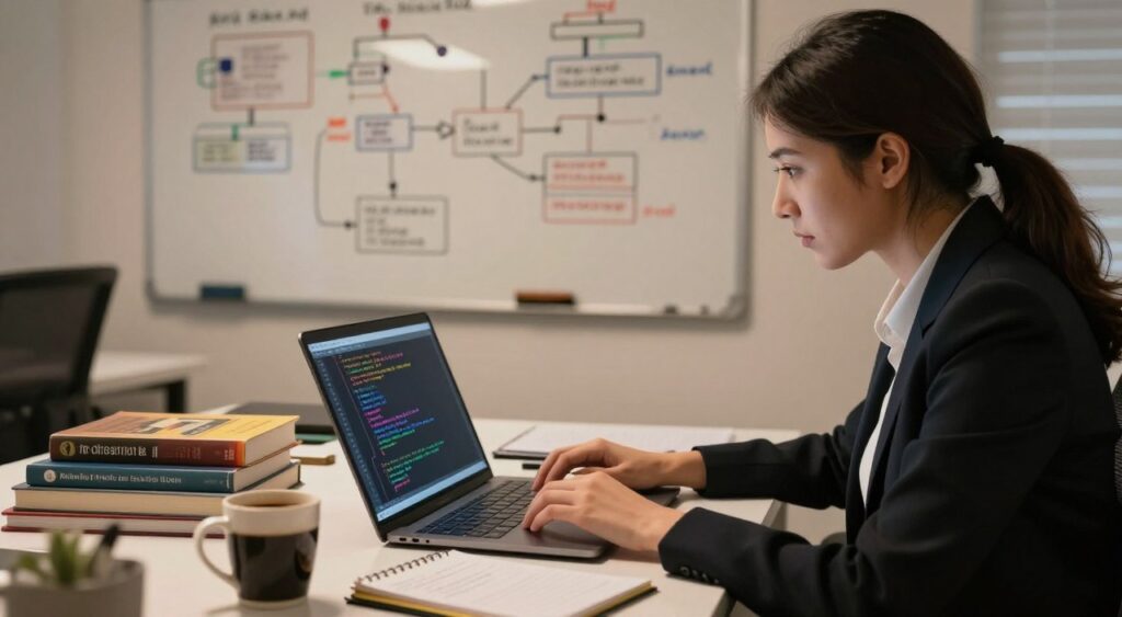 A focused scene depicting a programmer debugging code in C, captured in a modern office environment. In the foreground, a woman in professional attire is intently examining lines of colorful code on her laptop screen. Her expression is one of concentration, revealing determination. In the middle ground, a desk scattered with programming books, a mug of coffee, and a notepad filled with notes emphasizes her work. The background features a whiteboard filled with flowcharts and problem-solving algorithms, with warm ambient lighting that creates a productive atmosphere. The image is taken from a slight angle, capturing the workspace to give a sense of depth and focus, conveying a mood of intellectual engagement and creativity.