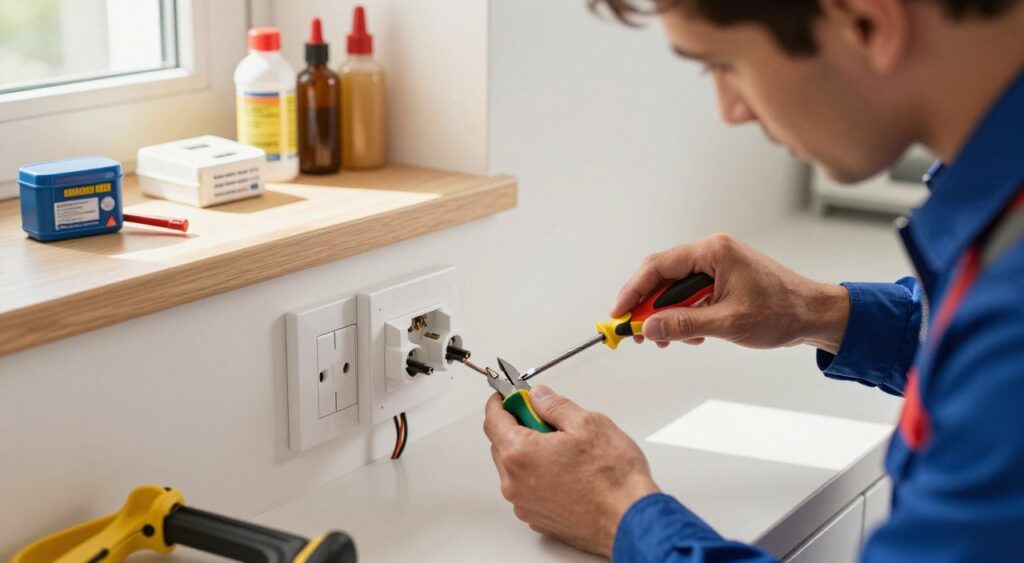 A focused scene depicting a skilled electrician, dressed in a professional uniform, carefully installing a power plug in a well-lit, modern kitchen. In the foreground, the electrician’s hands can be seen handling tools like a screwdriver and wire stripper, showing intricate details of the installation process. The middle ground features the power plug being installed, with copper wiring and mounting hardware visible, showcasing precision and safety measures. The background reveals a clean and organized workspace with electrical supplies neatly arranged on a nearby counter. Warm, natural light streams in from a window, creating a bright and inviting atmosphere, while the angle is slightly overhead to capture the action and detail of the installation process. A focused scene depicting a skilled electrician, dressed in a professional uniform, carefully installing a power plug in a well-lit, modern kitchen. In the foreground, the electrician’s hands can be seen handling tools like a screwdriver and wire stripper, showing intricate details of the installation process. The middle ground features the power plug being installed, with copper wiring and mounting hardware visible, showcasing precision and safety measures. The background reveals a clean and organized workspace with electrical supplies neatly arranged on a nearby counter. Warm, natural light streams in from a window, creating a bright and inviting atmosphere, while the angle is slightly overhead to capture the action and detail of the installation process.