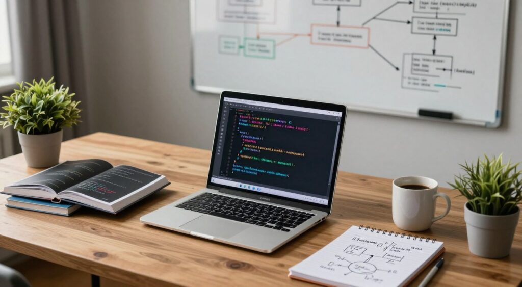A focused workspace scene illustrating the development of C variables. In the foreground, an open laptop displays lines of C code, with colorful syntax highlighting. Nearby, there are programming books stacked neatly, some open to reveal code snippets. The middle ground features a large wooden desk cluttered with a notepad filled with hand-drawn algorithms, a coffee mug, and a potted plant, adding a touch of warmth. In the background, a whiteboard covered with mind maps and flowcharts about C programming concepts is clearly visible. Soft, ambient lighting fills the room, casting gentle shadows. The overall mood is one of inspiration and productivity, encouraging learning and development in programming. The angle is slightly elevated, offering a comprehensive view of the workspace without any people, creating a serene and focused environment.