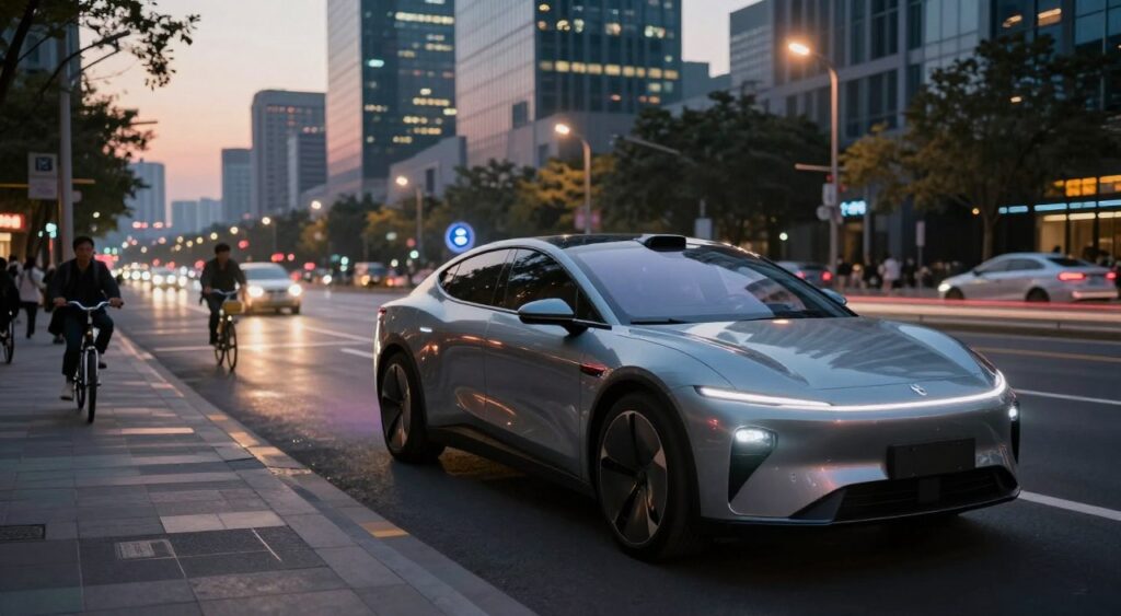 A futuristic car equipped with advanced active safety features showcased in a city environment. In the foreground, the car's sleek silhouette gently illuminated by soft, ambient streetlights reflects its cutting-edge technology, including sensors and cameras embedded into the vehicle. The middle ground features a bustling city street with pedestrians and cyclists, emphasizing the active safety features in action—such as automatic emergency braking and lane-keeping assistance. The background shows a modern skyline under a twilight sky, creating a dynamic urban atmosphere. The scene is captured from a low-angle perspective, highlighting the car's imposing stance and showcasing the integration of safety technology. The overall mood is one of innovation and security, illustrating the importance of active safety in modern vehicles. A futuristic car equipped with advanced active safety features showcased in a city environment. In the foreground, the car's sleek silhouette gently illuminated by soft, ambient streetlights reflects its cutting-edge technology, including sensors and cameras embedded into the vehicle. The middle ground features a bustling city street with pedestrians and cyclists, emphasizing the active safety features in action—such as automatic emergency braking and lane-keeping assistance. The background shows a modern skyline under a twilight sky, creating a dynamic urban atmosphere. The scene is captured from a low-angle perspective, highlighting the car's imposing stance and showcasing the integration of safety technology. The overall mood is one of innovation and security, illustrating the importance of active safety in modern vehicles.