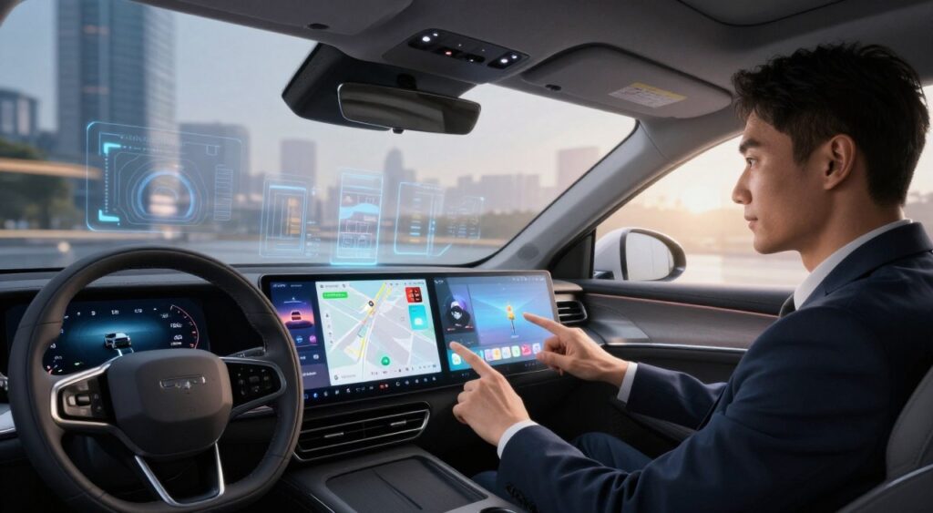 A futuristic car interior featuring state-of-the-art infotainment technology. In the foreground, a sleek touchscreen dashboard displays vibrant graphics, showcasing navigation, music, and vehicle diagnostics. The middle layer includes a driver in professional business attire, with a focused expression, interacting with the interface using gesture controls. The background features an expansive windshield showing a high-tech urban landscape, with digital overlays that enhance connectivity and safety. Soft ambient lighting illuminates the cabin, creating an inviting atmosphere. The angle captures the driver's perspective, emphasizing the seamless integration of technology within the vehicle, while a haze of modernity and sophistication envelops the scene.