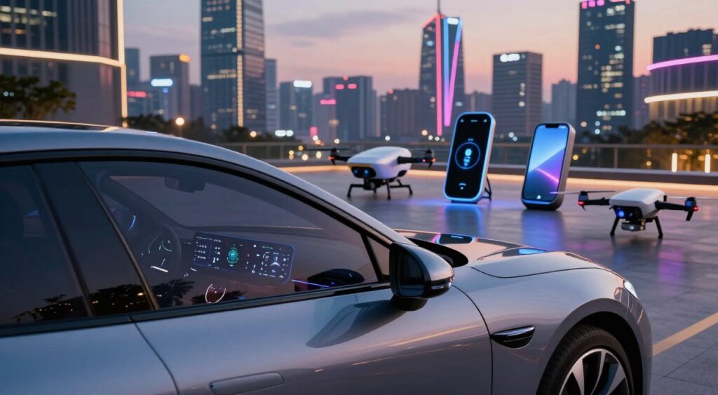 A futuristic car showcasing innovative technology parked in a sleek urban environment. The foreground features the glossy body of the car, reflecting the city lights, with an advanced digital dashboard visible through the windows, glowing softly. In the middle ground, various smart gadgets like a drone and augmented reality devices are artistically arranged, hinting at connectivity and automation. The background is a city skyline at dusk, with vibrant neon lights and high-tech buildings, creating a cosmopolitan atmosphere. Soft lighting highlights the car's aerodynamic design, while a low-angle shot adds a dynamic perspective, emphasizing its modern features. The mood conveys excitement and progress in automotive technology, inviting viewers to explore the future of transportation.