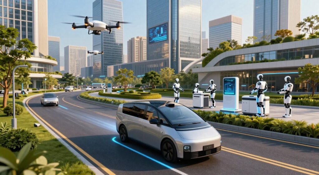 A futuristic cityscape showcasing the rise of autonomous technology. In the foreground, a sleek, self-driving electric vehicle glides silently along a smart road, surrounded by glowing sensors and autonomous drones hovering nearby. The middle ground features robotic assistants and AI-driven machines working harmoniously in a vibrant urban environment, with greenery integrated into the architecture. The background reveals high-tech skyscrapers with digital displays, under a clear blue sky infused with a warm golden light, suggesting midday. Capture the scene from a slightly elevated angle to emphasize the dynamic interaction of technology and urban life. The overall mood should convey innovation and progress, highlighting the seamless integration of autonomous systems into everyday life. Ensure the scene remains devoid of any text or logos.