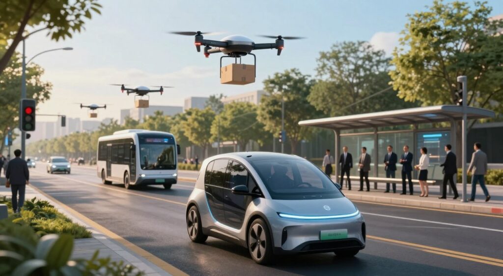 A futuristic cityscape showcasing various forms of autonomous transportation in action. In the foreground, a sleek, electric self-driving car navigates effortlessly through the streets, with its smart display glowing softly. The middle ground features automated delivery drones soaring above, dropping packages with precision, while an autonomous bus waits at a bus stop populated by passengers dressed in professional business attire. The background reveals smart traffic signals and pedestrians utilizing sidewalks lined with greenery. The scene is bathed in warm, ambient lighting, creating an optimistic mood, while a clear blue sky enhances the futuristic feel. The composition emphasizes innovation and efficiency, highlighting the transformative benefits of autonomous systems in urban environments.