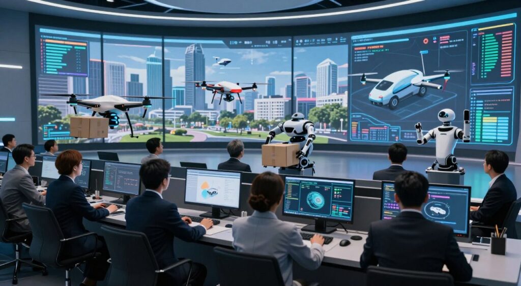 A futuristic control room showcasing advanced autonomous systems in action. In the foreground, a diverse team of professionals in smart business attire is engaged in monitoring and analyzing data projected on large screens, displaying colorful charts and 3D models of autonomous vehicles and drones. In the middle ground, sleek autonomous drones and robots are depicted performing various tasks, such as delivering packages and conducting inspections. The background features a large, panoramic window with a view of a smart city skyline, highlighting cutting-edge technology and sustainability. The scene is illuminated by soft, ambient lighting, creating a focused and innovative atmosphere, with a slight depth of field effect to enhance the professional environment.