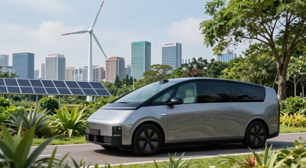 A futuristic eco-friendly vehicle, showcasing sleek lines and an aerodynamic design, is parked in a lush green environment filled with native plants and trees. In the foreground, the vehicle shines under soft, natural daylight, its surface reflecting the surroundings. In the middle ground, a modern wind turbine and solar panels can be seen, symbolizing sustainability. The background features a vibrant city skyline with clean energy sources integrated into the architecture, further emphasizing environmental impact. Shot at a low angle, the image gives a sense of the vehicle's innovation. The atmosphere conveys a bright, hopeful mood, illustrating the harmony between technology and nature.