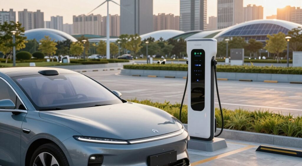 A futuristic electric vehicle charging at a sleek, modern charging station in an urban environment. In the foreground, the vehicle is a glossy, aerodynamic sedan with LED lights reflecting the city skyline. The middle ground features the charging station, designed with smooth lines and integrated technology. In the background, a bustling cityscape is visible, showcasing green parks and innovative architecture, with wind turbines and solar panels subtly incorporated into the buildings. The image is bathed in soft, golden hour lighting, creating a warm and optimistic atmosphere. The angle is slightly elevated, giving a dynamic view of the scene, evoking a sense of progress and sustainability in automotive technology. A futuristic electric vehicle charging at a sleek, modern charging station in an urban environment. In the foreground, the vehicle is a glossy, aerodynamic sedan with LED lights reflecting the city skyline. The middle ground features the charging station, designed with smooth lines and integrated technology. In the background, a bustling cityscape is visible, showcasing green parks and innovative architecture, with wind turbines and solar panels subtly incorporated into the buildings. The image is bathed in soft, golden hour lighting, creating a warm and optimistic atmosphere. The angle is slightly elevated, giving a dynamic view of the scene, evoking a sense of progress and sustainability in automotive technology.