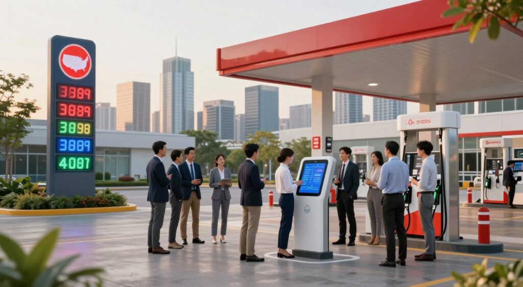 A futuristic gas station in a sleek urban setting during golden hour, with dynamic fuel price signs displaying fluctuating numbers in a vibrant digital style. In the foreground, a diverse group of professionals in business attire are engaged in discussion around a high-tech touchscreen displaying real-time fuel market analytics. The middle ground features electric charging stations combined with traditional fuel pumps, surrounded by greenery and modern architecture. In the background, a skyline of sleek skyscrapers reflects a blend of sustainability and innovation. Soft, warm lighting casts a hopeful glow, creating an atmosphere of optimism and progress. The image should convey the evolving landscape of fuel prices in the United States, with a focus on technology and community engagement.