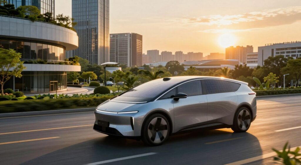 A futuristic hybrid vehicle features prominently in the foreground, showcasing sleek design with smooth curves and advanced technology, such as solar panels integrated into its surfaces. In the middle ground, a vibrant cityscape represents modern urban architecture with lush greenery seamlessly integrated, highlighting sustainability. The background displays a sunset, casting a warm, golden light that creates dynamic shadows, enhancing the vehicle's aerodynamic shape. The scene is captured from a slightly elevated angle, emphasizing the vehicle's connection to its environment. The mood is optimistic and innovative, symbolizing the future of transportation with an atmosphere of progress and harmony between technology and nature. A futuristic hybrid vehicle features prominently in the foreground, showcasing sleek design with smooth curves and advanced technology, such as solar panels integrated into its surfaces. In the middle ground, a vibrant cityscape represents modern urban architecture with lush greenery seamlessly integrated, highlighting sustainability. The background displays a sunset, casting a warm, golden light that creates dynamic shadows, enhancing the vehicle's aerodynamic shape. The scene is captured from a slightly elevated angle, emphasizing the vehicle's connection to its environment. The mood is optimistic and innovative, symbolizing the future of transportation with an atmosphere of progress and harmony between technology and nature.