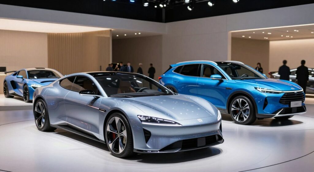 A futuristic lineup of upcoming car models showcased in an automotive exhibition setting. In the foreground, a sleek electric sedan with streamlined curves and vibrant LED accents stands prominently, reflecting its modern design. Flanking it, a compact SUV featuring bold lines and an aggressive stance, painted in a striking metallic blue. In the middle ground, a concept sports car with a low profile and intricate details draws attention, showcasing advanced aerodynamics. The background features an elegant exhibition space with soft ambient lighting that creates a captivating atmosphere. The angle captures the cars from a low perspective, emphasizing their dynamic shapes and innovative features. The overall mood conveys excitement and anticipation for the next generation of automotive design, set against a clean and contemporary backdrop.