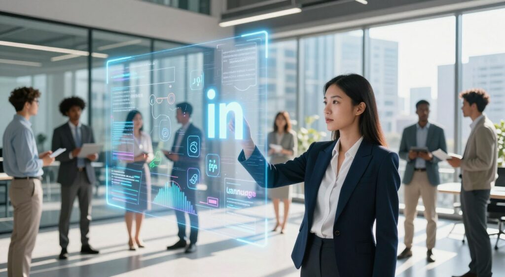 A futuristic office environment showcasing a diverse group of professionals collaborating around a holographic digital interface representing language trends. In the foreground, an Asian woman in a stylish business suit gestures towards floating symbols and words related to the preposition “in,” illuminated by soft blue light. The middle ground features a transparent screen displaying evolving language patterns and colorful graphs, surrounded by engaged colleagues of various ethnic backgrounds. The background reveals a sleek, modern cityscape through large glass windows, with bright sunlight streaming in, casting dynamic shadows. The atmosphere is vibrant and innovative, reflecting a sense of potential and transformation in language, inviting viewers to envision the future. The scene is captured with a wide-angle lens to emphasize collaboration and creativity.