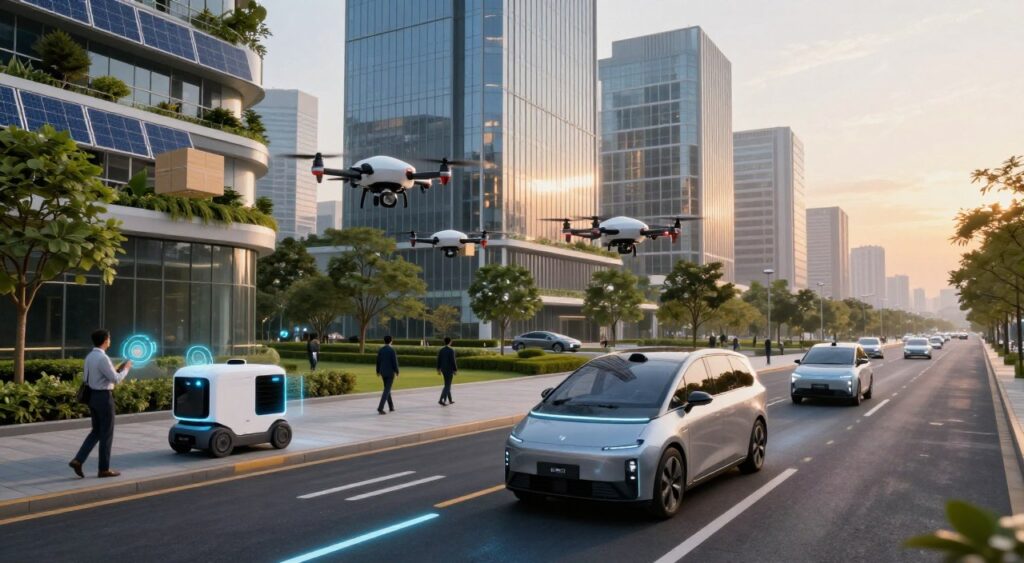 A futuristic urban landscape showcasing various forms of autonomous technology in action. In the foreground, a sleek, self-driving electric vehicle glides silently along a smart road, illuminated by dynamic LED lane markings. Beside it, pedestrians in professional business attire interact with augmented reality interfaces glowing in the air. The middle ground features a fleet of drones delivering packages, their rotors spinning gently, while a delivery robot navigates efficiently along the sidewalk. In the background, towering smart buildings equipped with greenery and solar panels reflect the warm glow of a setting sun, enhancing the atmosphere of innovation and progress. The lighting is soft yet vibrant, emphasizing a hopeful and forward-thinking mood. The image is captured from a slightly elevated angle to provide a comprehensive view of this harmonious integration of technology in daily life.