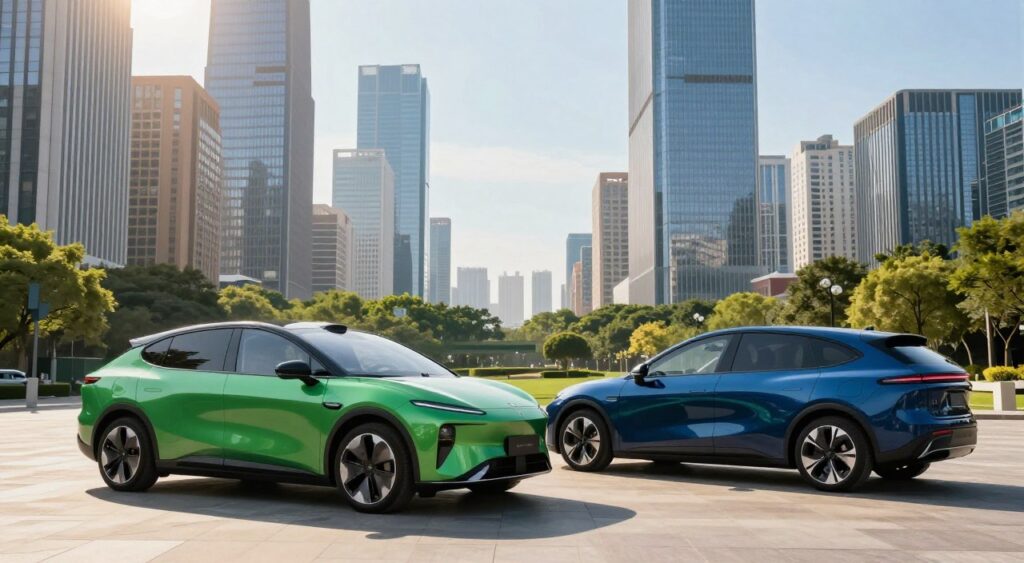 A futuristic urban setting featuring two sleek, fuel-efficient new cars positioned prominently in the foreground. The vehicles should showcase modern designs with aerodynamic shapes and eco-friendly colors like vibrant green and deep blue, symbolizing sustainability. In the middle ground, a bustling cityscape is visible, complete with tall skyscrapers and green park spaces, emphasizing urban living. The background features a bright, clear sky, suggesting a sunny day. Use warm, natural lighting to highlight the cars and create a vibrant atmosphere. Capture the image from a low angle to emphasize the cars' profiles against the city backdrop, evoking a sense of innovation and forward-thinking in transportation.