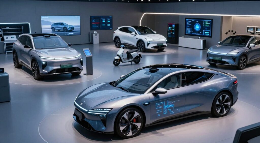 A futuristic vehicle showroom showcasing cutting-edge vehicle technology innovations. In the foreground, a sleek electric car with a streamlined design and glowing interfaces, highlighting its advanced dashboard and autonomous driving capabilities. In the middle ground, a selection of diverse vehicles, including hybrid SUVs and smart motorcycles, all featuring interactive displays and innovative features. The background reveals a high-tech garage with tools and screens displaying vehicle diagnostics and performance metrics. Soft, ambient lighting with blue tones creates a modern and innovative atmosphere, while a wide-angle lens captures the depth of the showroom. The focus is crisp on the vehicles, with a subtle blur on the background elements enhancing the futuristic feel. The overall mood is one of excitement and innovation, reflecting a new era of vehicle technology.
