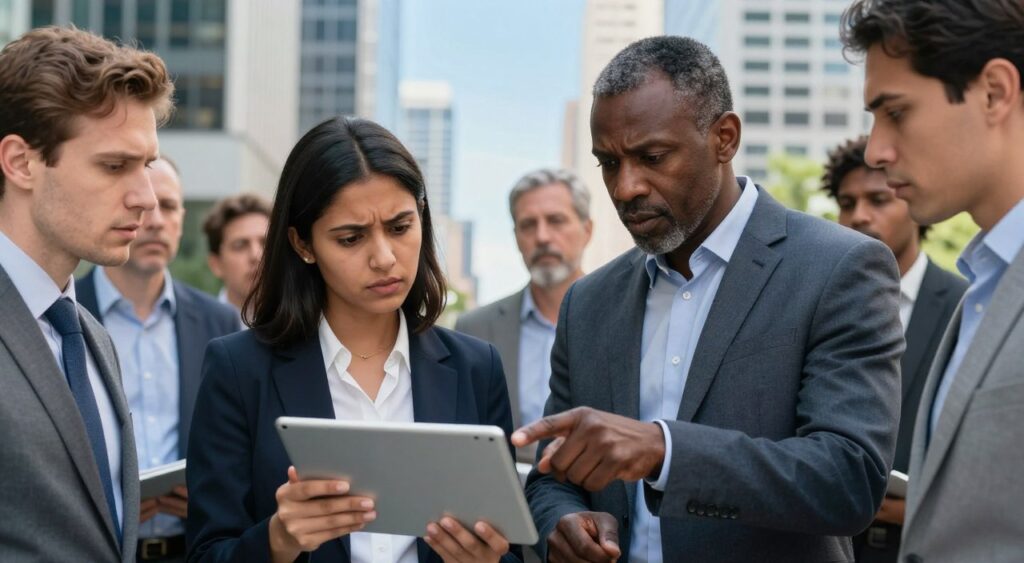 A group of diverse individuals, dressed in professional business attire, stand in a well-lit urban environment, their expressions curious and contemplative. In the foreground, a woman of South Asian descent looks closely at a set of photographs displayed on a sleek digital tablet, her brow furrowed in concentration. Beside her, a middle-aged Black man points at one of the images, his posture conveying a sense of urgency. The middle ground features an assortment of blurred figures, suggesting a busy street, hinting at the anonymity of the unknown persons being discussed. The background showcases modern skyscrapers under a bright, clear blue sky, enhancing the feeling of discovery and intrigue. The overall mood is one of investigation and collaboration, illuminated by soft, natural lighting that emphasizes their focused expressions. A group of diverse individuals, dressed in professional business attire, stand in a well-lit urban environment, their expressions curious and contemplative. In the foreground, a woman of South Asian descent looks closely at a set of photographs displayed on a sleek digital tablet, her brow furrowed in concentration. Beside her, a middle-aged Black man points at one of the images, his posture conveying a sense of urgency. The middle ground features an assortment of blurred figures, suggesting a busy street, hinting at the anonymity of the unknown persons being discussed. The background showcases modern skyscrapers under a bright, clear blue sky, enhancing the feeling of discovery and intrigue. The overall mood is one of investigation and collaboration, illuminated by soft, natural lighting that emphasizes their focused expressions.