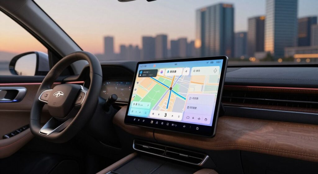 A high-end car navigation system displayed prominently in the foreground, featuring a sleek, modern touchscreen interface illuminated with bright, colorful graphics showing a detailed map and turn-by-turn directions. The GPS device is artfully integrated into the dashboard of a luxurious vehicle, showcasing premium materials like wood and leather. In the middle ground, the luxurious car interior includes plush seats and ambient lighting that exudes sophistication. The background features a softly blurred urban environment, hinting at a trendy cityscape with skyscrapers under a twilight sky, creating a sense of adventure and exploration. The mood is upscale and refined, with soft, warm lighting highlighting the technology's elegance, captured from a high angle to portray the intricate details of the dashboard.
