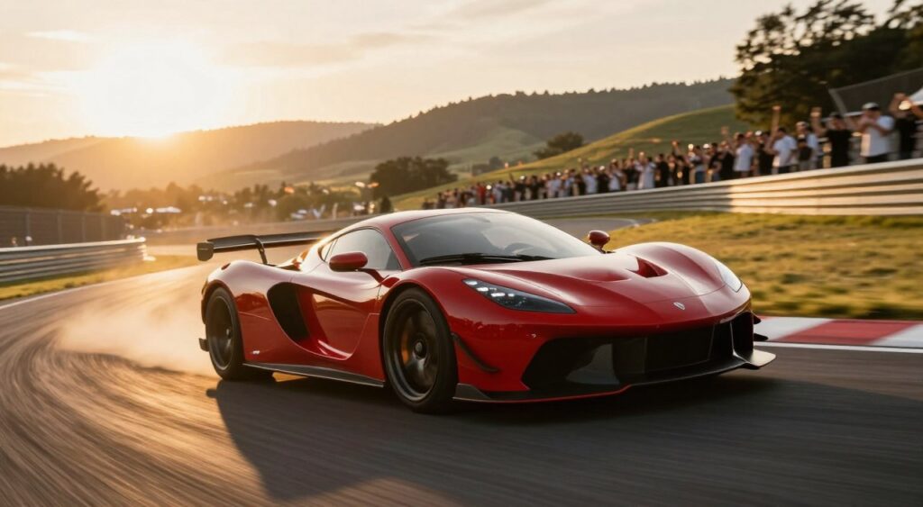 A high-performance car, sleek and aerodynamic, is dominating a winding race track at sunset. The foreground shows the car in vibrant red, glistening under the golden rays of the sun, emphasizing its polished finish and aggressive stance. In the middle, the blurred motion of the car creates a sense of speed, with tire marks and dust rising behind it. The background features a picturesque landscape of rolling hills and a cheering crowd at a safe distance, all bathed in warm, glowing light. The atmosphere exudes excitement and triumph, capturing the essence of victory. The scene is shot from a low angle, enhancing the car's powerful presence, and with a slightly blurred effect to illustrate dynamic motion. The overall mood is electrifying and celebratory, showcasing what it takes for a car to win in racing.
