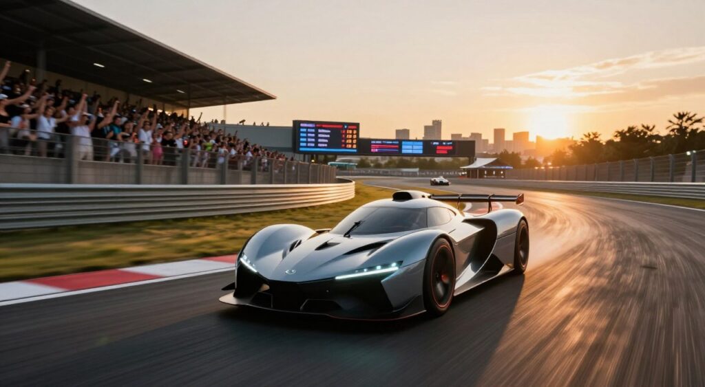 A high-speed autonomous car, sleek and futuristic, races down a winding track, showcasing cutting-edge technology with glowing sensors and aerodynamic design. In the foreground, the car is angled dramatically, capturing motion blur to convey speed. The middle ground features a vibrant racetrack lined with cheering spectators and digital billboards displaying race statistics, all blurring slightly to enhance the sense of action. In the background, a sunset casts a warm, golden light over the scene, illuminating the track and highlighting the advanced city skyline beyond. The atmosphere is electric, filled with excitement and anticipation for the future of racing. Use a wide-angle lens to emphasize the thrilling action and dynamic scenery, with an overall mood that reflects innovation and competitiveness.