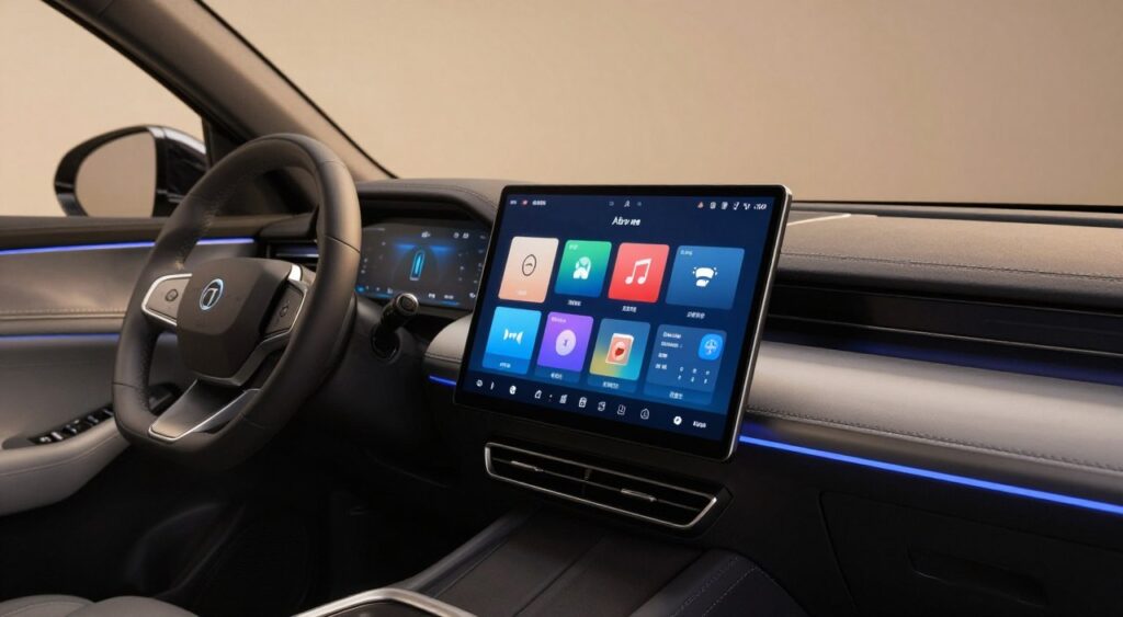 A high-tech car infotainment system showcased prominently in the foreground, featuring a sleek touchscreen with vibrant icons and interactive displays for navigation, music, and vehicle diagnostics. The middle ground includes the car's luxurious interior, complete with modern leather seats and ambient lighting enhancing the futuristic ambiance. In the background, a softly lit dashboard complements the infotainment system, subtly illuminated by soft blue and white LED lights. The image is captured from a slightly elevated angle, providing a clear view of both the infotainment screen and the interior design. The mood is sophisticated and innovative, highlighting the technological advancements within the vehicle. The lighting is warm and inviting, emphasizing the sleek design and cutting-edge features, creating an atmosphere of modern luxury and convenience.