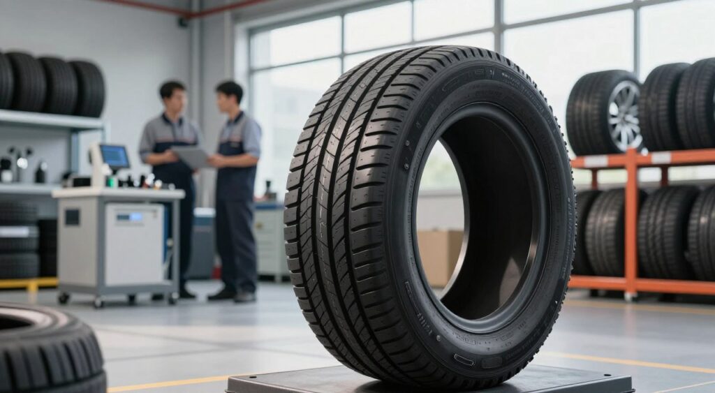 A high-tech tire showcasing advanced tire technology prominently in the foreground, detailed with intricate tread patterns, innovative rubber compounds, and embedded sensors. In the middle ground, a modern automotive workshop featuring tools and machinery that hint at tire testing and development, with engineers in professional attire examining the tire. The background features shelves stocked with various tire prototypes and a large window letting in natural light, creating a bright and dynamic atmosphere. Soft light casts shadows highlighting the tire's features, while the camera angle is slightly low, emphasizing the tire's scale and complexity. The overall mood is innovative and professional, focusing on the future of tire technology. A high-tech tire showcasing advanced tire technology prominently in the foreground, detailed with intricate tread patterns, innovative rubber compounds, and embedded sensors. In the middle ground, a modern automotive workshop featuring tools and machinery that hint at tire testing and development, with engineers in professional attire examining the tire. The background features shelves stocked with various tire prototypes and a large window letting in natural light, creating a bright and dynamic atmosphere. Soft light casts shadows highlighting the tire's features, while the camera angle is slightly low, emphasizing the tire's scale and complexity. The overall mood is innovative and professional, focusing on the future of tire technology.