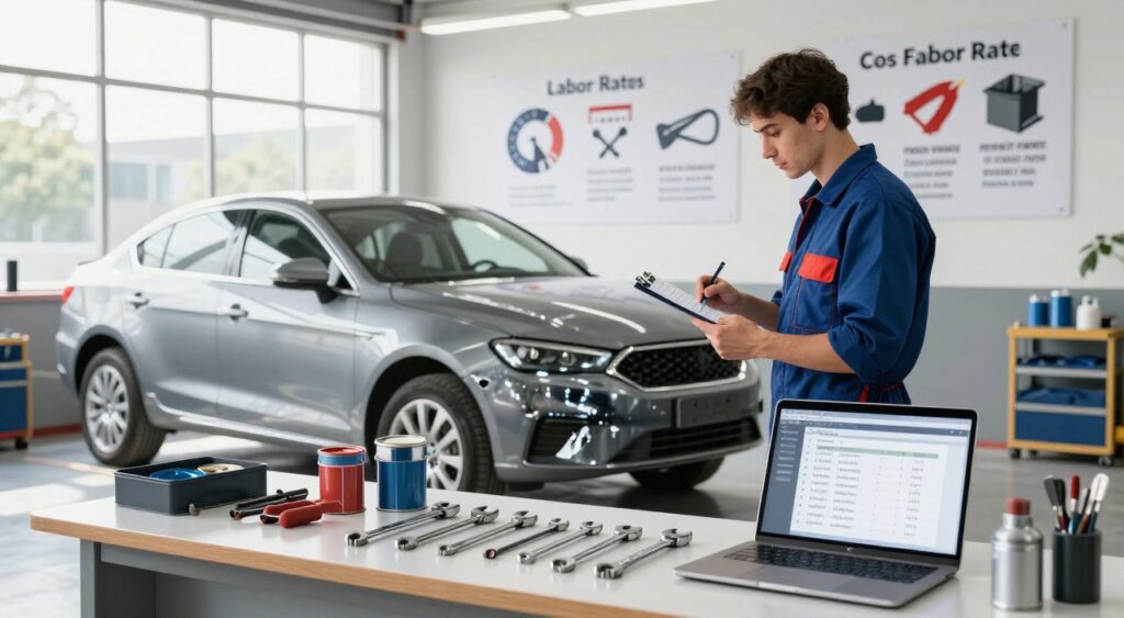 A highly detailed and informative illustration showcasing the cost factors involved in auto body repair. In the foreground, display a sleek, modern auto body shop with a variety of repair tools like wrenches, paint cans, and estimating software, highlighting the essence of precision and professionalism. The middle ground features a mechanic in professional attire, intently examining a vehicle with visible dents and scratches, while consulting a clipboard with written cost estimates. The background exhibits contrasting images representing various cost factors, such as labor rates, parts prices, and paint quality, presented as graphical icons or symbols. Use natural daylight streaming through the shop windows to create a bright, welcoming atmosphere, captured with a wide-angle lens to enhance depth and clarity. The overall mood should convey expertise and trustworthiness in automotive repair and paint services.