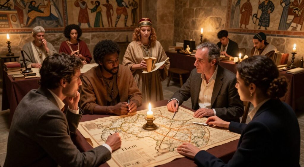 A historical scene depicting a diverse group of individuals representing various cultures and epochs engaged in thoughtful discussion around an ancient map, symbolizing the concept of "Them." In the foreground, a man in a tailored suit and a woman in modest professional attire are examining the map under warm, candle-like lighting, with hints of intrigue on their faces. In the middle, other figures from different time periods are seen sharing artifacts and scrolls, surrounded by tables laden with books and historical items. The background features stone walls adorned with historical murals, illuminated by soft, ambient lighting, creating an atmosphere of curiosity and exploration. The angle is slightly elevated, giving a panoramic view of this gathering, evoking a sense of timelessness and the pursuit of knowledge. A historical scene depicting a diverse group of individuals representing various cultures and epochs engaged in thoughtful discussion around an ancient map, symbolizing the concept of "Them." In the foreground, a man in a tailored suit and a woman in modest professional attire are examining the map under warm, candle-like lighting, with hints of intrigue on their faces. In the middle, other figures from different time periods are seen sharing artifacts and scrolls, surrounded by tables laden with books and historical items. The background features stone walls adorned with historical murals, illuminated by soft, ambient lighting, creating an atmosphere of curiosity and exploration. The angle is slightly elevated, giving a panoramic view of this gathering, evoking a sense of timelessness and the pursuit of knowledge.
