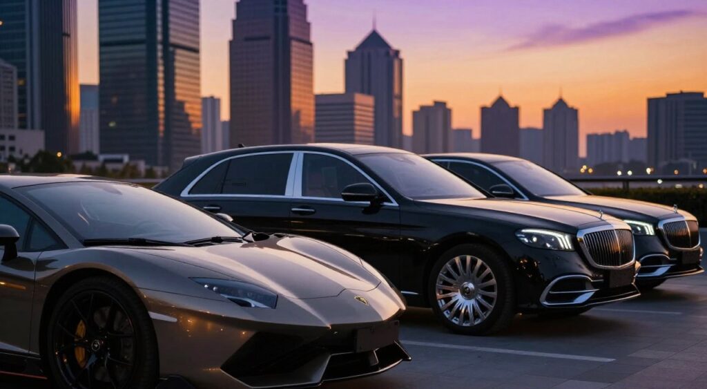 A lineup of luxury vehicles showcased in an upscale urban environment. In the foreground, a sleek, modern sports car with a glossy finish gleams under soft, golden sunlight, highlighting its elegant curves and details. Beside it, an opulent luxury sedan exudes sophistication, with polished chrome accents and a refined grille. In the middle ground, a high-end SUV stands majestically, silhouetted against a backdrop of a luxurious city skyline, complete with tall buildings reflecting the evening light. The background features a blurred cityscape at dusk, with warm orange and purple hues in the sky, conveying a sense of exclusivity and allure. The overall atmosphere is one of elegance and prestige, inviting viewers to imagine themselves in these stunning vehicles.