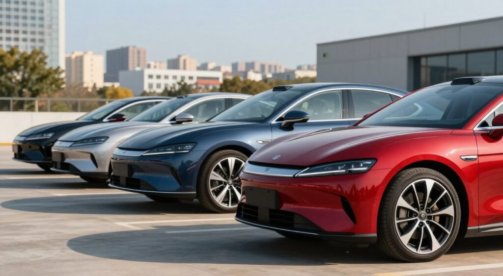 A lineup of sleek mid-range cars showcasing premium features, such as advanced aerodynamics, modern LED lighting, and stylish alloy wheels, parked in a sunlit urban setting. In the foreground, focus on a vibrant red sedan with elegant curves and distinct reflections on its surface. The middle ground features a variety of cars in diverse colors, like navy blue and metallic silver, highlighting their unique designs and luxurious finishes. The background includes a blurred cityscape with tall buildings under a clear blue sky, conveying a contemporary atmosphere. The scene is shot at a slight angle to emphasize the cars' profiles, with warm, natural lighting enhancing the premium feel and inviting mood of the image.