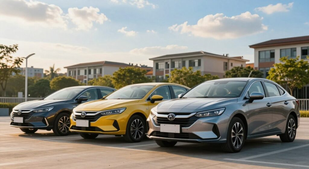 A lineup of three modern, affordable sedans parked in a well-lit urban environment during golden hour, creating a warm and inviting atmosphere. In the foreground, the sedans boast sleek designs in vibrant colors, showcasing features like stylish headlights and dynamic lines. The middle ground includes soft greenery and contemporary buildings, hinting at a suburban setting, while the background reveals a clear blue sky filled with gentle clouds. The focus is on the cars, captured from a low angle to emphasize their appeal and affordability. The scene conveys a sense of comfort and everyday practicality, inviting potential buyers to consider these vehicles as economical yet stylish options.