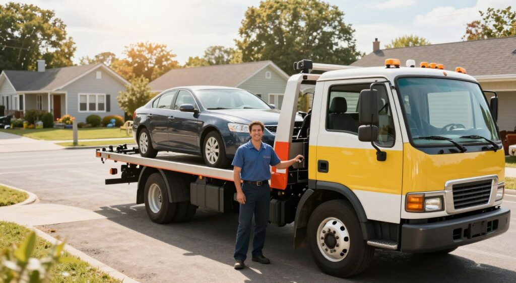 A local towing service scene depicting a bright, sunny day outside a small, bustling garage. In the foreground, a friendly tow truck driver, dressed in a professional uniform, stands next to a colorful, well-maintained tow truck, ready to assist customers. In the middle ground, a car is being securely towed, showcasing the reliability and professionalism of local towing services. The background features a quaint neighborhood with houses and trees, conveying a sense of community. The lighting is warm and inviting, casting soft shadows to create a welcoming atmosphere. The angle captures a slightly elevated view, emphasizing both the tow truck and the engaging interaction between the driver and the car owner, portraying the benefits of local towing services.