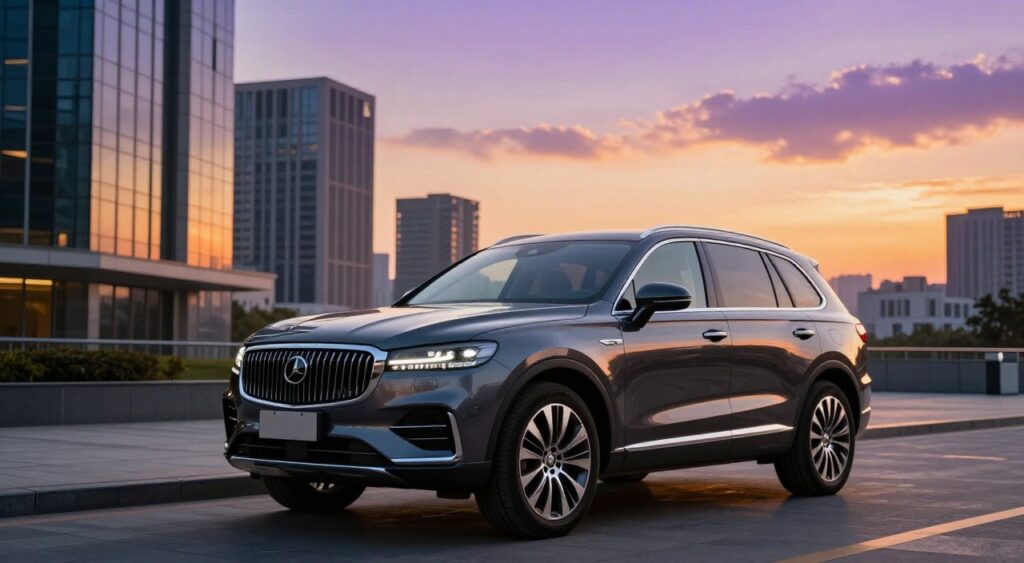 A luxurious SUV parked in an upscale urban environment, showcasing its sleek lines and polished exterior. The vehicle is highlighted in the foreground with chrome accents gleaming under soft, golden-hour sunlight, enhancing its high-end finish. In the middle ground, you see an elegant cityscape featuring modern buildings that reflect the SUV’s premium status. The background includes a vibrant sunset sky with warm hues of orange and purple, creating an inviting and sophisticated atmosphere. Capture the scene with a wide-angle lens to emphasize the vehicle's imposing presence. The mood conveys a sense of adventure and aspiration, appealing to those seeking the best in luxury SUVs. Ensure the image remains free of any text or distractions, focusing solely on the SUV's allure. A luxurious SUV parked in an upscale urban environment, showcasing its sleek lines and polished exterior. The vehicle is highlighted in the foreground with chrome accents gleaming under soft, golden-hour sunlight, enhancing its high-end finish. In the middle ground, you see an elegant cityscape featuring modern buildings that reflect the SUV’s premium status. The background includes a vibrant sunset sky with warm hues of orange and purple, creating an inviting and sophisticated atmosphere. Capture the scene with a wide-angle lens to emphasize the vehicle's imposing presence. The mood conveys a sense of adventure and aspiration, appealing to those seeking the best in luxury SUVs. Ensure the image remains free of any text or distractions, focusing solely on the SUV's allure.