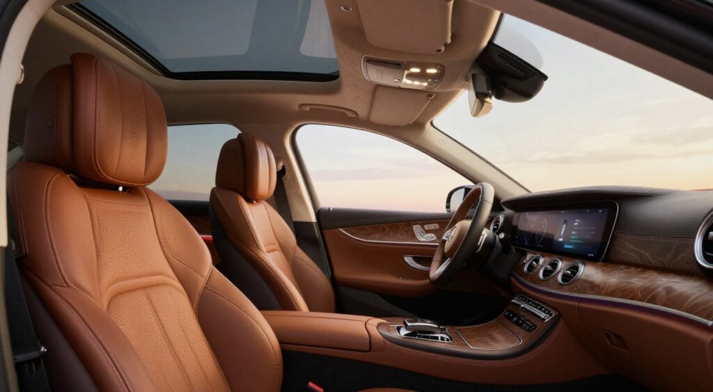 A luxurious car interior showcasing exquisite features such as plush leather seats with intricate stitching, polished wood paneling, and an elegant dashboard adorned with high-end technology. In the foreground, focus on a close-up of the steering wheel with premium materials and integrated controls. The middle ground features a panoramic sunroof that allows natural light to flood the cabin, highlighting the spaciousness and comfort. In the background, subtly illuminated ambient lighting creates an inviting atmosphere, complemented by high-tech displays and soft textures. The scene is captured with a wide-angle lens to emphasize the interior's grand design. Soft, warm lighting evokes a sense of sophistication and indulgence, perfect for a luxury driving experience. A luxurious car interior showcasing exquisite features such as plush leather seats with intricate stitching, polished wood paneling, and an elegant dashboard adorned with high-end technology. In the foreground, focus on a close-up of the steering wheel with premium materials and integrated controls. The middle ground features a panoramic sunroof that allows natural light to flood the cabin, highlighting the spaciousness and comfort. In the background, subtly illuminated ambient lighting creates an inviting atmosphere, complemented by high-tech displays and soft textures. The scene is captured with a wide-angle lens to emphasize the interior's grand design. Soft, warm lighting evokes a sense of sophistication and indulgence, perfect for a luxury driving experience.