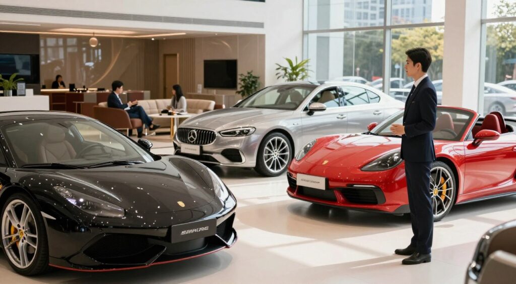 A luxurious car rental display featuring an array of high-end vehicles such as a sleek black sports car, an elegant silver sedan, and a vibrant red convertible, all parked on a polished showroom floor. In the foreground, showcase a stylish, well-dressed attendant guiding potential customers, dressed in professional business attire. In the middle ground, include a luxurious lounge area with modern furniture and glossy finish accents where clients can relax. The background should have large glass windows showing a sunny cityscape, enhancing the mood of elegance and exclusivity. Bright, natural lighting streams in, highlighting the cars' gleaming finishes, with a subtle focus effect that adds depth to the image, creating a warm and inviting atmosphere. A luxurious car rental display featuring an array of high-end vehicles such as a sleek black sports car, an elegant silver sedan, and a vibrant red convertible, all parked on a polished showroom floor. In the foreground, showcase a stylish, well-dressed attendant guiding potential customers, dressed in professional business attire. In the middle ground, include a luxurious lounge area with modern furniture and glossy finish accents where clients can relax. The background should have large glass windows showing a sunny cityscape, enhancing the mood of elegance and exclusivity. Bright, natural lighting streams in, highlighting the cars' gleaming finishes, with a subtle focus effect that adds depth to the image, creating a warm and inviting atmosphere.