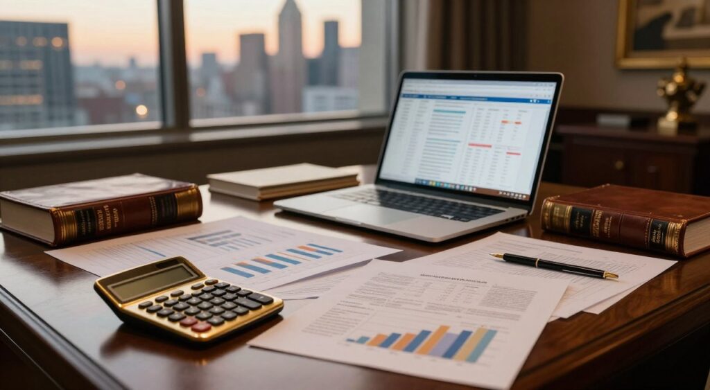 A luxurious financial office space, showcasing an elegant wooden desk cluttered with high-end financial documents and graphs depicting costly financing options. In the foreground, a polished brass calculator adds a sophisticated touch. The middle section features a sleek laptop with analyzed data on the screen, surrounded by rich leather-bound financial books. In the background, large windows offer a view of a shimmering city skyline, illuminated by warm evening light that casts a golden hue throughout the room. The atmosphere conveys a sense of professionalism and high stakes, reflecting the complex nature of expensive financing. The image should imply depth through a shallow depth of field, with soft focus on the background, creating an intimate and serious mood.