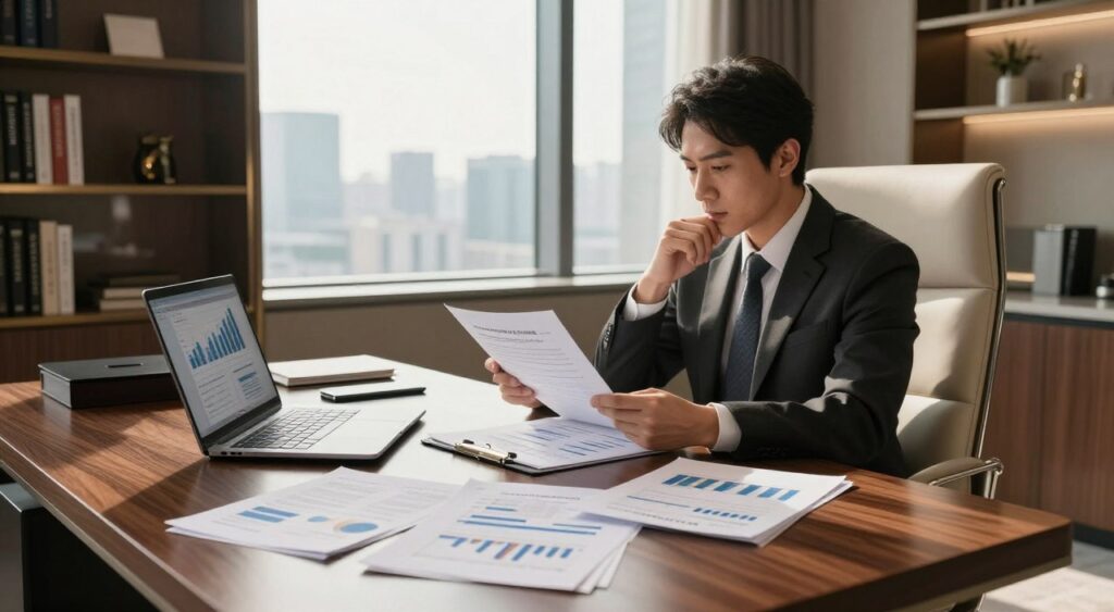 A luxurious office space showcasing various expensive financing options. In the foreground, a polished mahogany desk is adorned with elegant financial documents scattered alongside a sleek laptop displaying graphs and charts. The middle ground features a stylish chair occupied by a professionally dressed individual, analyzing the documents with a thoughtful expression. The background reveals a large window with panoramic city views, sunlight streaming through, casting warm, inviting light across the room. A modern bookshelf filled with finance-related literature and decorative items adds depth to the scene. The atmosphere conveys sophistication and success, highlighting the importance of discerning financing choices. The overall composition is balanced, with a focus on professionalism and elegance, shot from a slightly elevated angle to capture the entire setting.