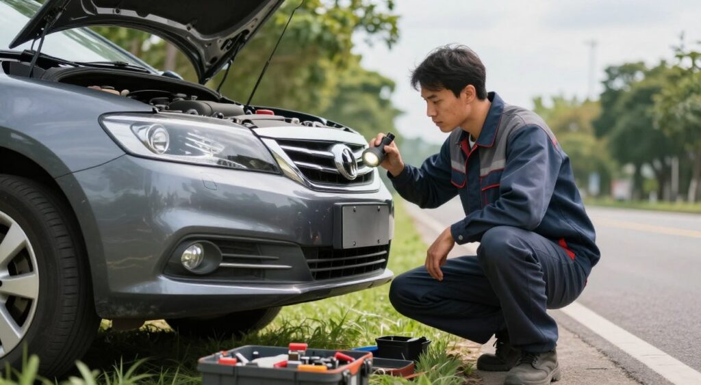 A mechanic in a professional uniform crouches beside a car on the roadside, conducting repairs with a focused expression. The foreground features tools scattered around, with a toolbox partially open. In the middle, the car, a modern sedan with a shiny finish, is parked on a grassy shoulder, while the mechanic is using a flashlight to inspect the engine under the hood. The background shows a blurred view of a sunny day, with trees lining the road and soft clouds in the sky, creating a sense of calm amidst the service. The lighting is bright and natural, emphasizing the detailed textures of the car and the mechanic's attire, suggesting reliability and professionalism in emergency vehicle assistance. The overall mood is one of efficiency and trustworthiness in urgent situations. A mechanic in a professional uniform crouches beside a car on the roadside, conducting repairs with a focused expression. The foreground features tools scattered around, with a toolbox partially open. In the middle, the car, a modern sedan with a shiny finish, is parked on a grassy shoulder, while the mechanic is using a flashlight to inspect the engine under the hood. The background shows a blurred view of a sunny day, with trees lining the road and soft clouds in the sky, creating a sense of calm amidst the service. The lighting is bright and natural, emphasizing the detailed textures of the car and the mechanic's attire, suggesting reliability and professionalism in emergency vehicle assistance. The overall mood is one of efficiency and trustworthiness in urgent situations.
