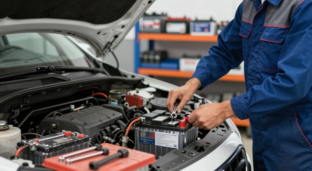 A mechanic in professional attire, standing beside a car with its hood open, demonstrating the battery replacement process. In the foreground, the mechanic is holding a wrench and working on the battery terminals, with tools neatly arranged on a nearby workbench. The middle ground features a close-up of the car's battery, showcasing the labels and connections with clear details to emphasize the task. In the background, a well-organized garage is visible, with shelves of tools and battery products, illuminated by bright ambient lighting that creates a focused, practical atmosphere. Use a slight depth of field effect to emphasize the mechanic and the battery while softly blurring the background. The overall mood conveys professionalism and precision in car maintenance.