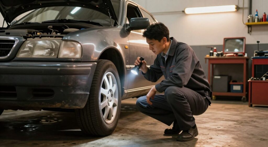A mechanic inspecting a used vehicle in a well-lit garage environment. In the foreground, the mechanic, dressed in professional business attire, is crouched beside the car, examining the undercarriage with a flashlight to highlight details. In the middle ground, you can see the sleek lines of the car with a focus on its worn, but still appealing, exterior. The background features tools and equipment neatly arranged, with soft, warm lighting creating a focused atmosphere. The garage has a slightly industrial vibe, with concrete flooring and overhead lights casting gentle shadows, evoking a sense of diligence and care in the vehicle assessment process.