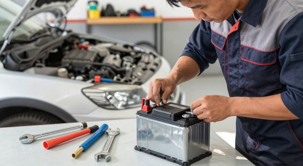A mechanic (wearing professional work attire) skillfully replacing a car battery in a bright, well-lit garage. In the foreground, tools like wrenches and a battery terminal cleaner are neatly arranged on a workbench. The middle ground features a close-up of the mechanic focused on disconnecting the old battery, highlighting their concentration and expertise. The background reveals car parts and shelves with organized tools, emphasizing a well-equipped workspace. The lighting is natural and bright, casting soft shadows that create a welcoming atmosphere. The angle captures the action from a slight top-down perspective, providing a clear view of the battery and surrounding elements, evoking a sense of professionalism and diligence.