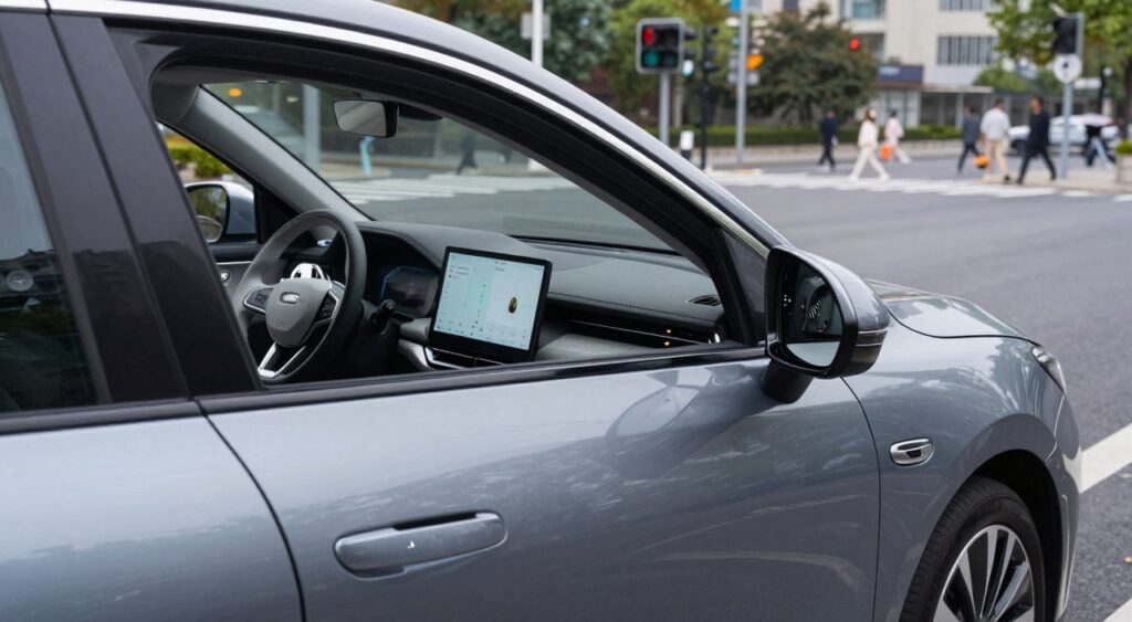 A mid-size sedan parked in an urban environment, showcasing its advanced safety features. In the foreground, focus on the sleek lines of the car, highlighting features like lane departure warnings, adaptive cruise control sensors, and a panoramic camera system integrated into the front grille. In the middle ground, depict the interior with a clear view of modern dashboard displays that include collision alert systems and multiple airbags visible. The background features a city street with smart traffic signals and pedestrians crossing safely, emphasizing the sedan's role in urban safety. Use soft, natural lighting for a professional look, with a slightly elevated angle to capture the car’s silhouette. The mood is informative and modern, highlighting safety and technology in everyday driving.